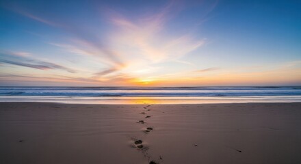 Fototapeta premium A Serene Beach Sunset Tranquil Waves and Footprints in Sand
