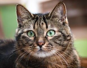 Close-up Portrait of a Beautiful Tabby Cat with Striking Green Eyes, Brown and Black Markings, Pet, Domestic Animal, Feline