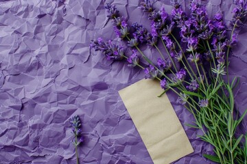 High Quality Picture of Lavender Bouquet with Empty Label on Purple Background