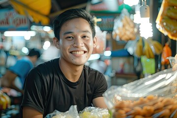 Premium Quality Image of Young Man at a Thai Street Food Stall