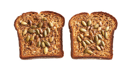 Two slices of whole grain toast with visible seeds isolated on transparent background 