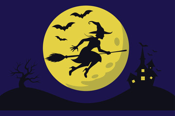 A witch flying on a broomstick colorful vector art illustration