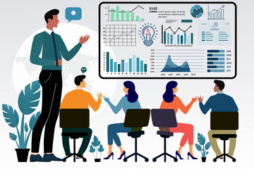 Professional Vector Illustration design on group business team conference online meeting. Presentation and working collaboration in official workplace concept on white background.
