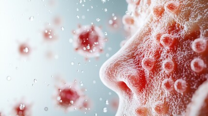 A close-up, magnified view of the skin condition seborrheic dermatitis, showing redness, flakes, and irritation on the scalp.