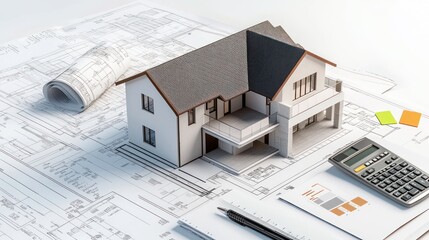 3D model home on architectural blueprints, with tools