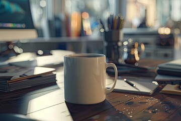 high definition image of coffee in a mug on a busy work desk
