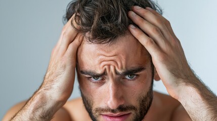 A pensive man holding his head, his face expressing visible signs of distress, discomfort, and inner turmoil