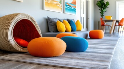 A colorful and inviting indoor cat playroom featuring various cat bridges, toys, and other accessories to create an engaging and comfortable environment for feline companions.