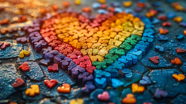 Colorful heart-shaped puzzle pieces forming a rainbow pattern on wet pavement, symbolizing autism awareness, inclusivity, love, and neurodiversity.
