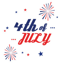 Obraz premium Hand-lettered 4th of July text with fireworks and stars in red and blue. A playful and patriotic vector ideal for festive holiday-themed designs
