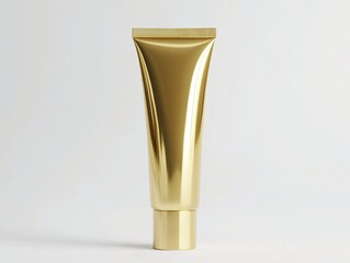 A sleek, golden squeeze tube with a matching cap stands upright against a soft, light background. Its metallic finish conveys luxury and elegance, ideal for premium skincare or cosmetic products.