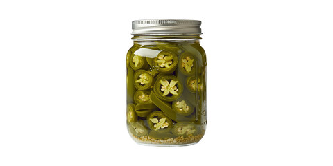 Jar Of Pickled Jalapenos. Spicy Condiment For Culinary Use Isolated On Transparent Background