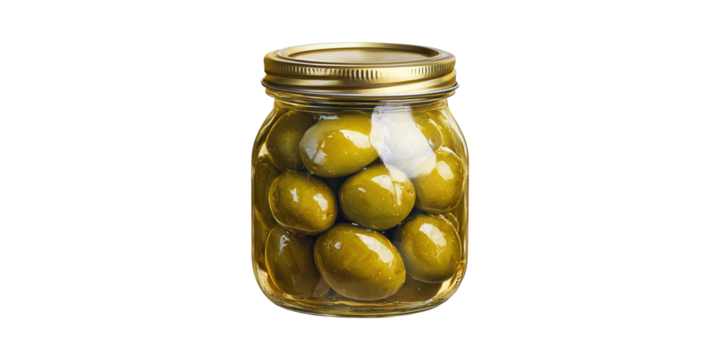 Jar Of Green Olives. Preserved Food And Mediterranean Cuisine Isolated On Transparent Background