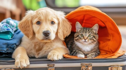 An adorable golden retriever puppy is comfortably resting on a soft, patterned travel cloth, exuding a sense of peace and contentment.