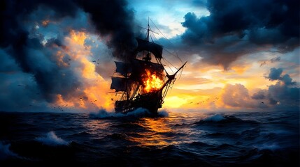 Burning Galleon Sunset Ocean Storm