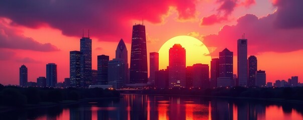 Houston skyline sunset, modern architecture silhouettes,  destination,  image,  modern