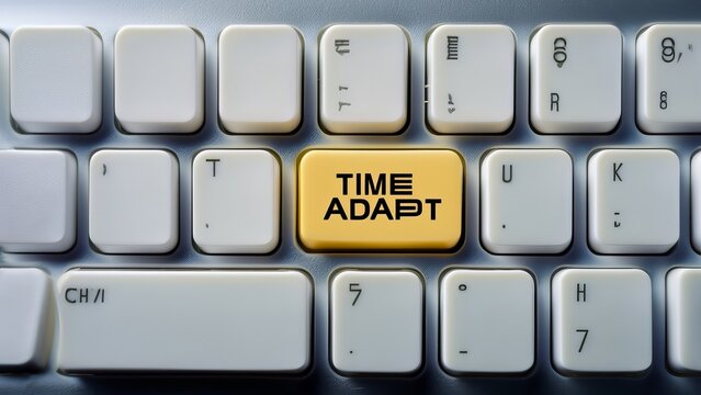 Close-up of a keyboard with the words TIME ADAPT on the enter key, signifying time management and adaptation strategies, business and technology concepts.