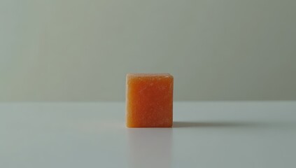 A pale orange, roughly textured, cube-shaped object sits on a plain white surface against a light beige background