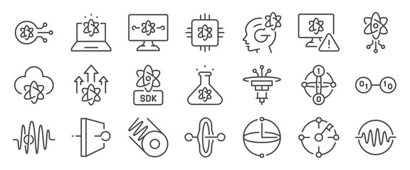 Quantum computing icon set. It included Qubit, cloud, physics, computer, circuit, cloud, and more icons. Editable Vector Stroke.