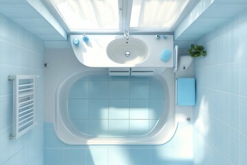 high quality visual of Top view of light bathroom interior with sink and tub with accessories high detail