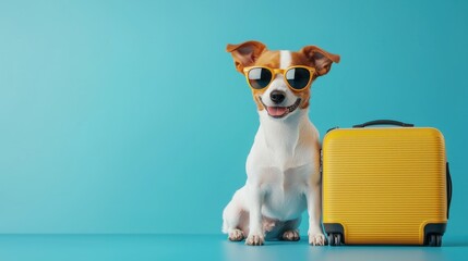 An adorable pet dog sitting and leaning on a stylish, vintage-inspired travel suitcase, conveying a sense of adventure and companionship.