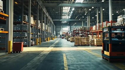 Busy warehouse interior with pallets and forklift, showcasing organized storage and logistics operations