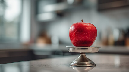 Juicy apple on a modern kitchen scale in softly blurred setting, highlighting balance and mindful eating concepts