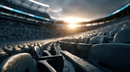 Stadium seats illuminated by sunset with empty rows in a quiet sports venue