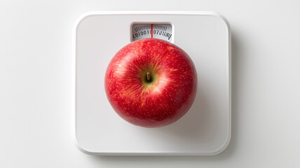 Overhead image of red apple on food scale with white background showing clean diet and portion control balance