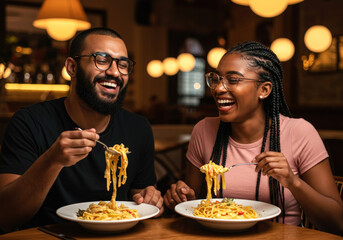 Two friends having fun eating Italian pasta wearing fancy glasses
