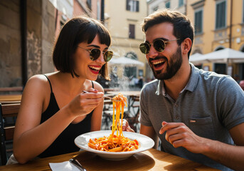 Two friends having fun eating Italian pasta wearing fancy glasses