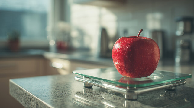 Red apple on modern glass scale in minimalist kitchen with soft light, symbolizing clean eating and diet planning goals