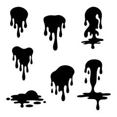 Drip icons set. Black silhouettes of various shapes of dripping and spreading liquid, arranged on a white background. Vector illustration.