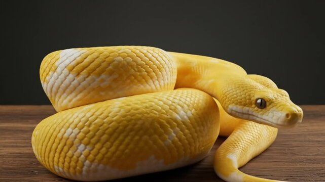 Albino snake resting and uncoiling on wood