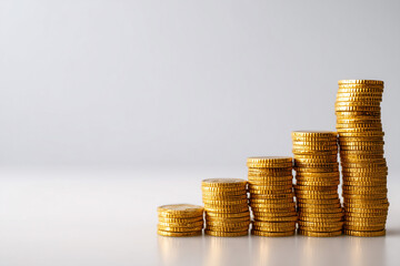 Stacked golden coins forming stair-step shape showing income increase and positive market trends over white background