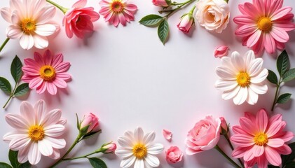 Abstract flat lay floral composition, pastel tones, greenery, bloom, illustration