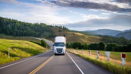 Modern white semi-truck driving on an asphalt highway through a scenic mountain landscape under a cloudy sky, transportation and logistics concept