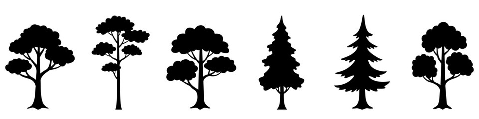  Tree icons. Black tree icons of various shapes isolated on white background. Vector illustration.