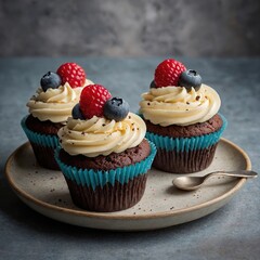 Postres de madalenas individuales hechas a mano con glaseado vibrante y adornos de frutas