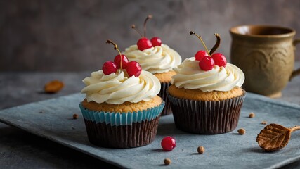 Escena de repostería con un surtido de cupcakes como postre principal.