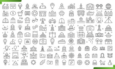 Extensive Travel Icons Collection Featuring Buildings, Vehicles, and Landmarks
