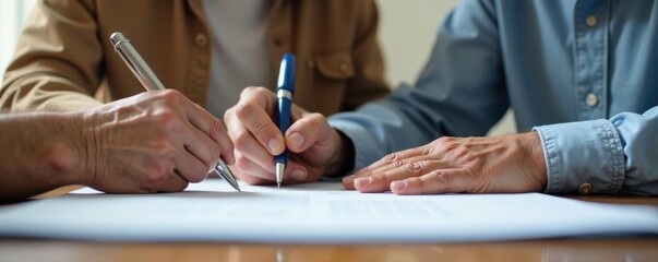 Elderly couple's hands signing document at desk, wealth, investment, wealth