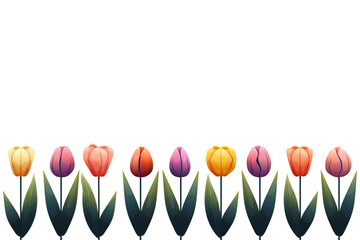 Floral frame with colorful tulips. Vector frame with yellow, red, pink, orange and purple tulips and green leaves on a white background. Perfect for spring design, invitations, packaging