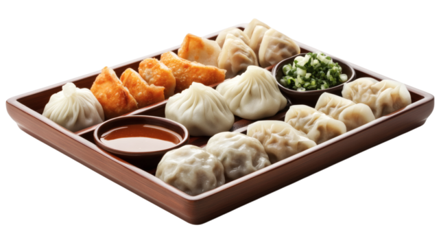 Tray of assorted dim sum including dumplings, bao buns, and dipping sauce isolated on transparent background 