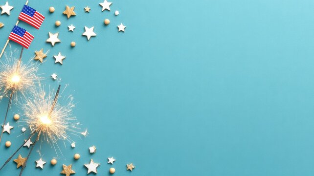 Happy 4th of July Background Top View. Festive Top View Background for Fourth of July Celebration with Sparklers and Decorative Stars