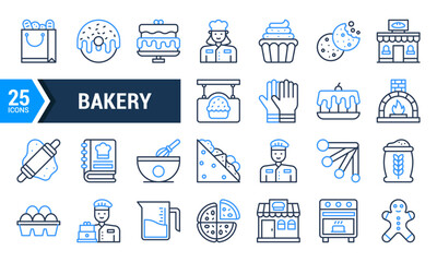 25 Bakery Icons in Blue and Black Line Style.
