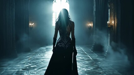 Mysterious lady in dark fantasy gown walking away through medieval castle corridor, moving towards ethereal light streaming through stone archway