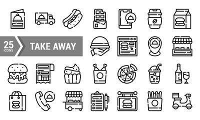 25 Colorful Take Away Food Icons in Lineal Cut Style.