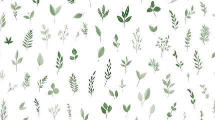 Delicate green leaves and sprigs pattern on white background.