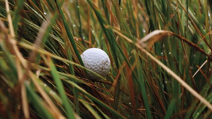 A photo of a golf ball in tall grass .